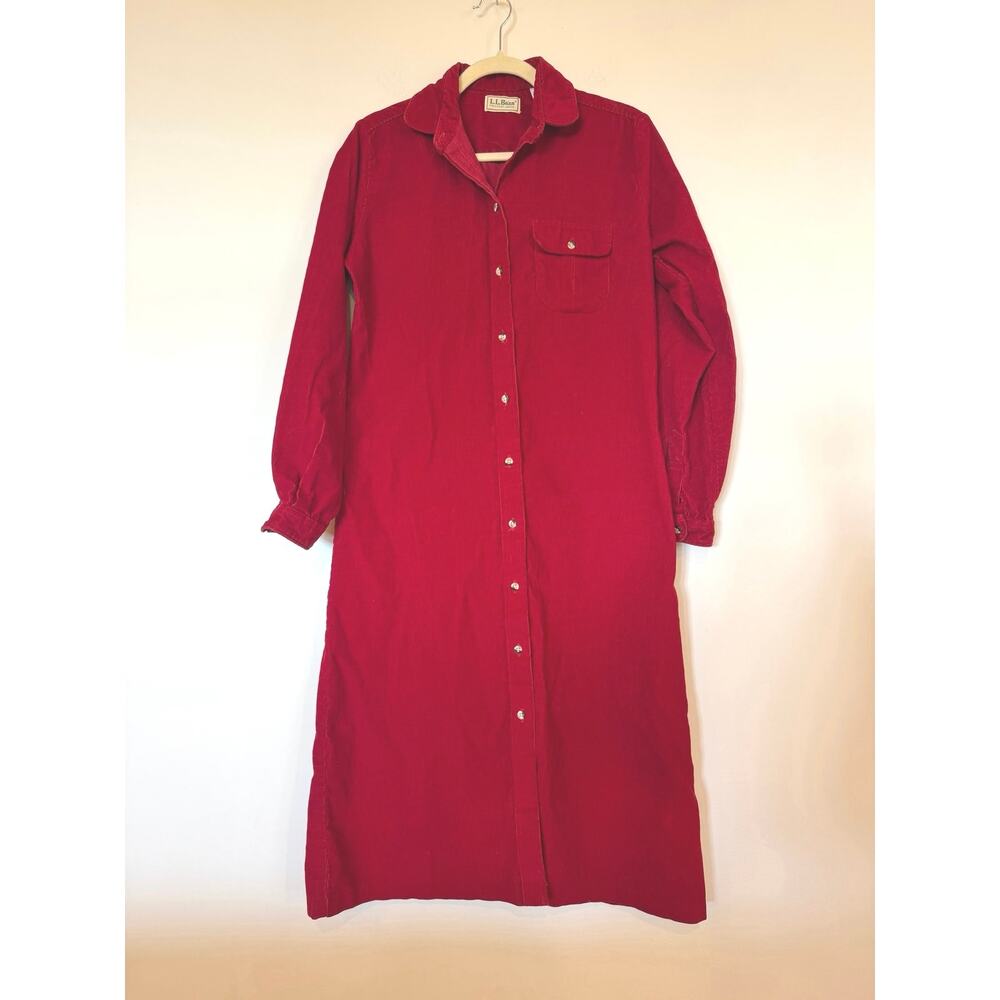 Vtg LL Bean Cotton Blend Sz 12 Red Corduroy Midi Shirt Dress Cottagecore